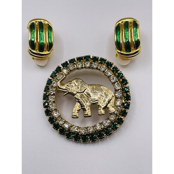 Joseph Warner Elephant Brooch Rhinestones With Green Earrings St Paddy's Day Set - Picture 2 of 8